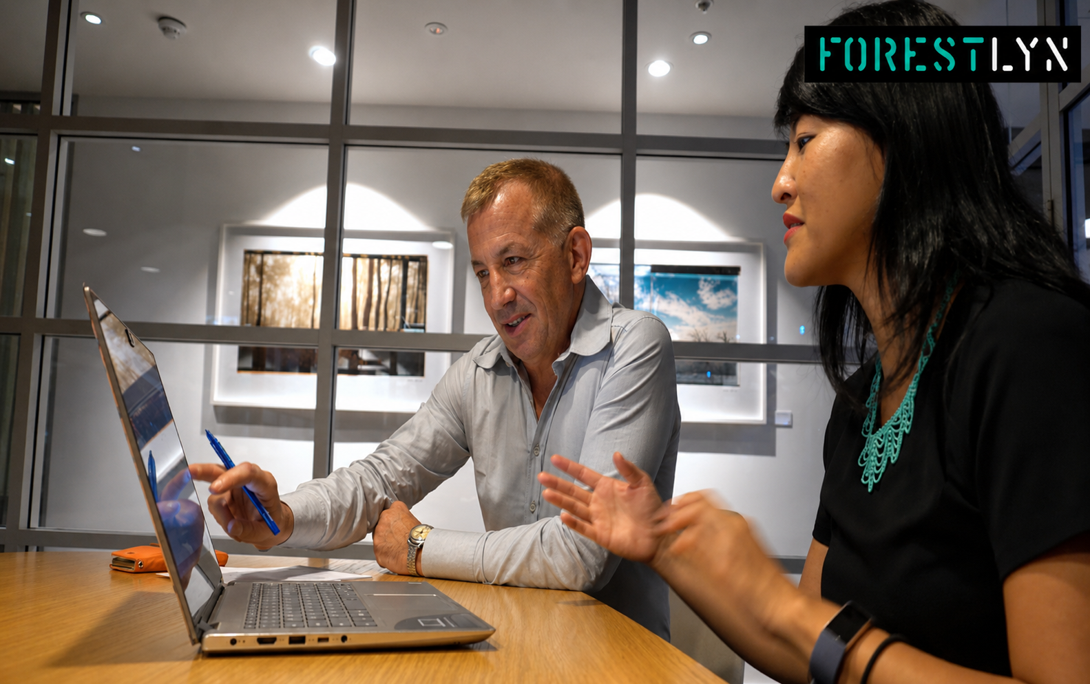 Lucy Lin working through marketing strategy with a client over a laptop