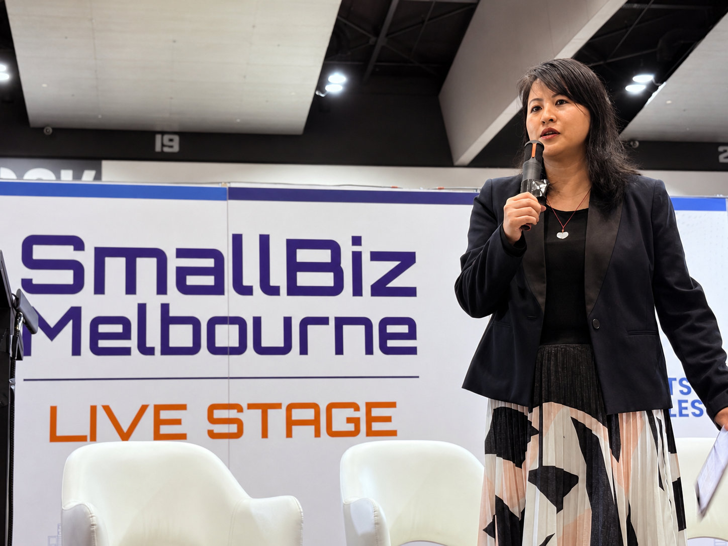 Lucy Lin hosting the SmallBiz Melbourne Live Stage